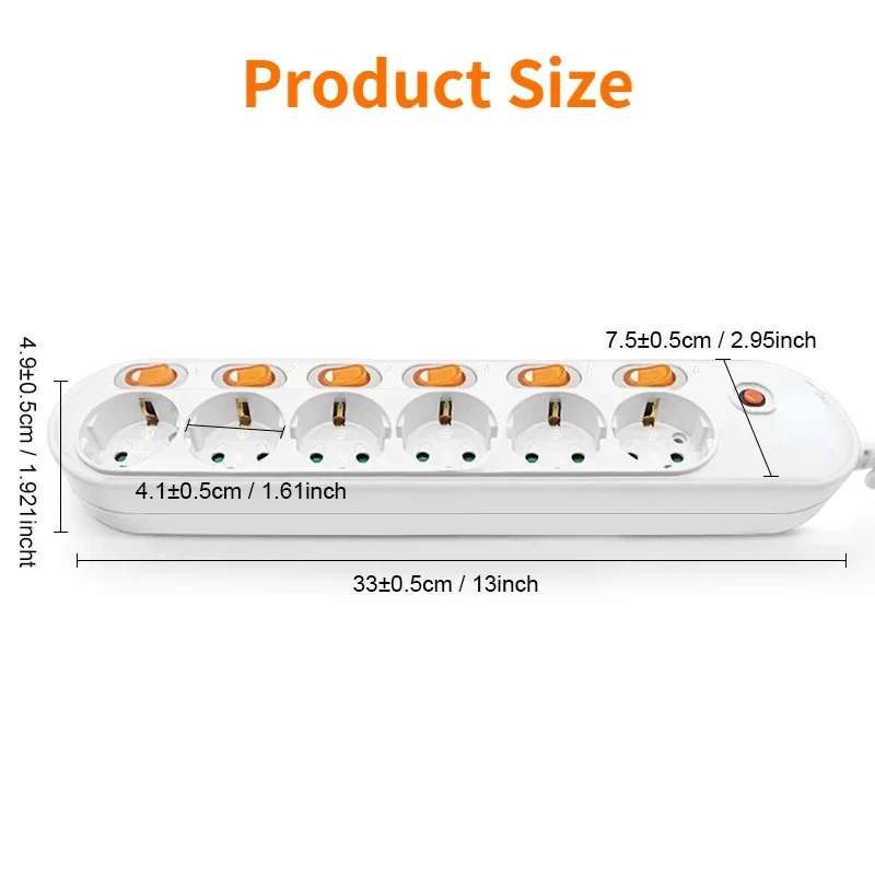 Melery Power Strip Surge Protection EU Plug Way Outlets Electrical Extension 16A Socket Independent Control Switches 1.5/2m Cord