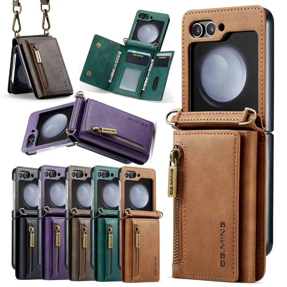

Crossbody Leather Wallet Case Phone Cover For Samsung Galaxy Z Flip 7 6 5 4 3 Flip6 Flip5 Flip4 Card Solt Zipper Lanyard Shell