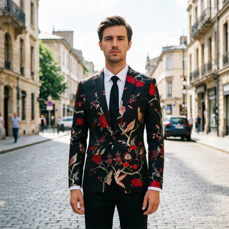 

Мужской красный пиджак с вышивкой цветов и птиц, повседневный, европейский размер, приталенный крой, доступен в красном, зеленом, черном, серебристом и синем цветах.