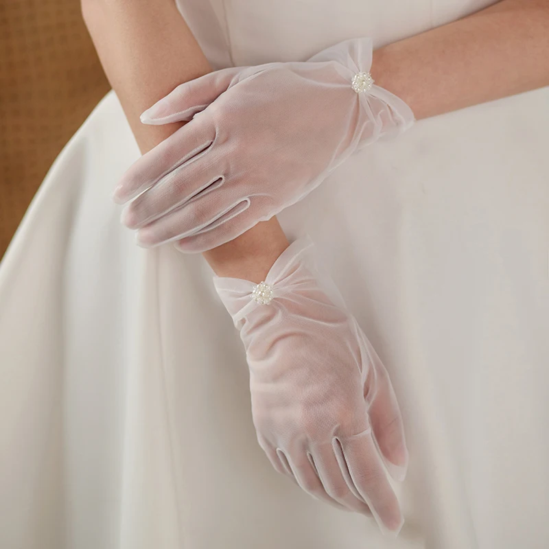 WG083-Gants de Patients de Mariage Frais, en Tulle Doux, Petites Fleurs de Perles, Blancs, Courtes Mariées, Handschuh, Pageant, Bal de Promo