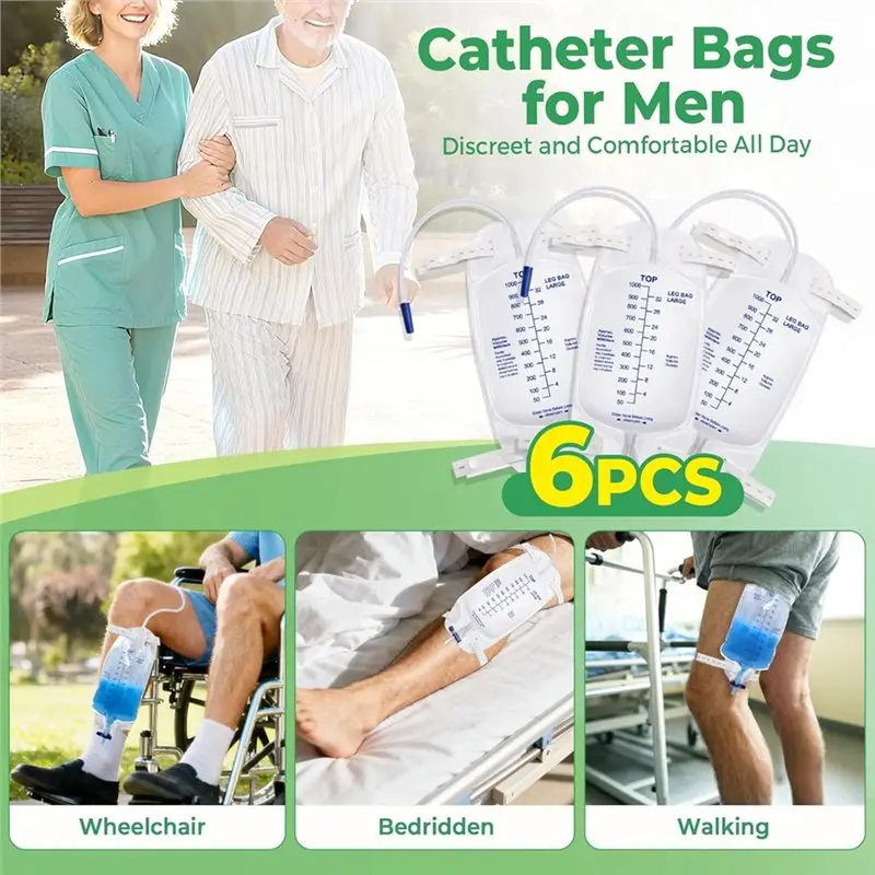A27U Upgraded Foley Catheter Leg Bags 1000Ml 6-Pack For Men, For Splash-Resistant Drain Design Urine Storage Bags