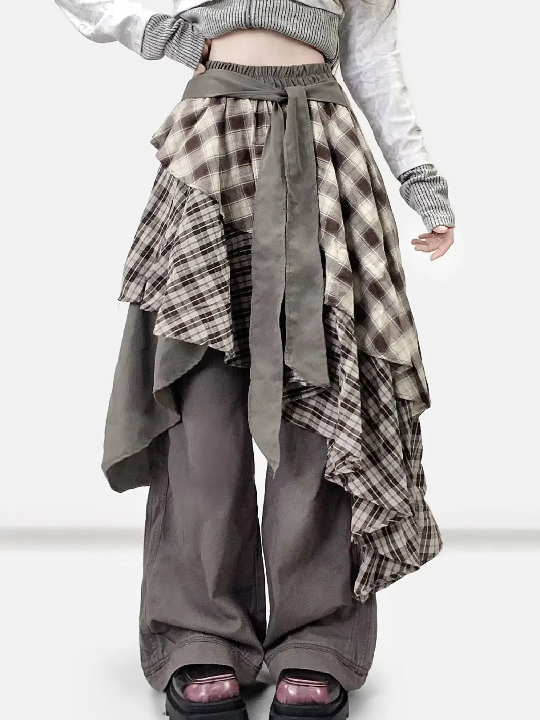 Preppy-style American Retro Brown Checkered Irregular Patchwork Ruffle Edge Layered Cake Skirt A-line Grunge Sweet Women Girls
