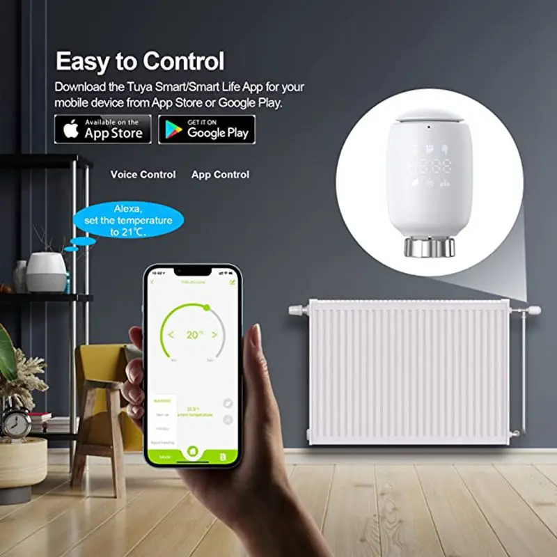 

Smart Thermostatic Controller Radiator Head TRV Programmable Temperature Controller Alexa Google Home Voice Control Tuya Wifi