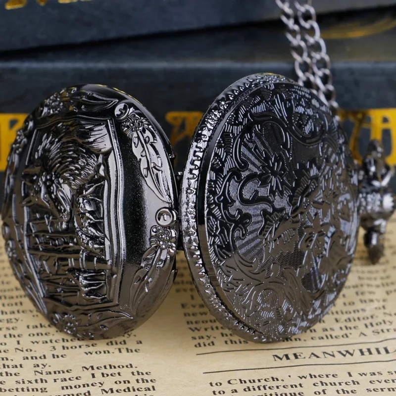 Wolf Carved Black Quartz Pocket Watch Cool Style Punk Steam Men Women Necklace Chain