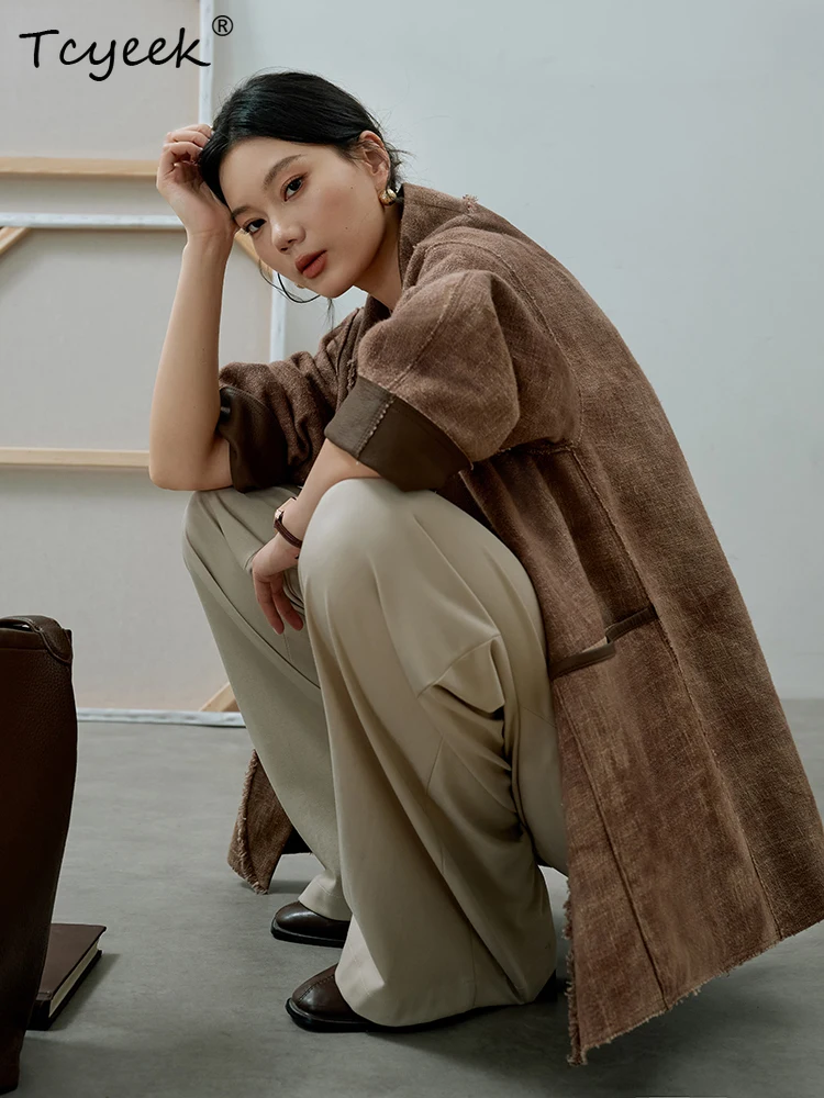 Tcyeek peau de mouton printemps automne haut de gamme rétro Double face col en v couleur café femmes veste en cuir véritable Jaqueta Couro