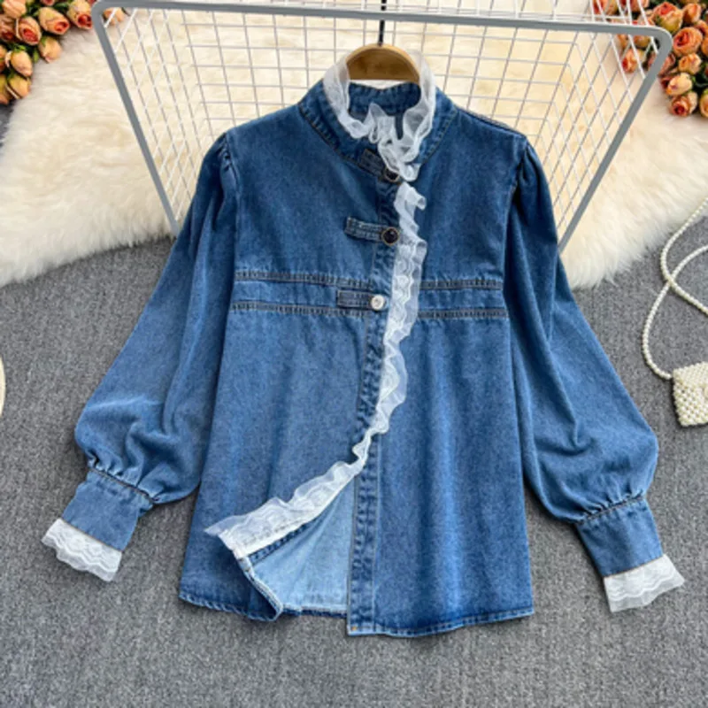 Spring Autumn Lace Stitching Chic Denim Shirt Women\'s Korean Sweet Loose Jean Blouse Fashion Long Sleeve Female Tops