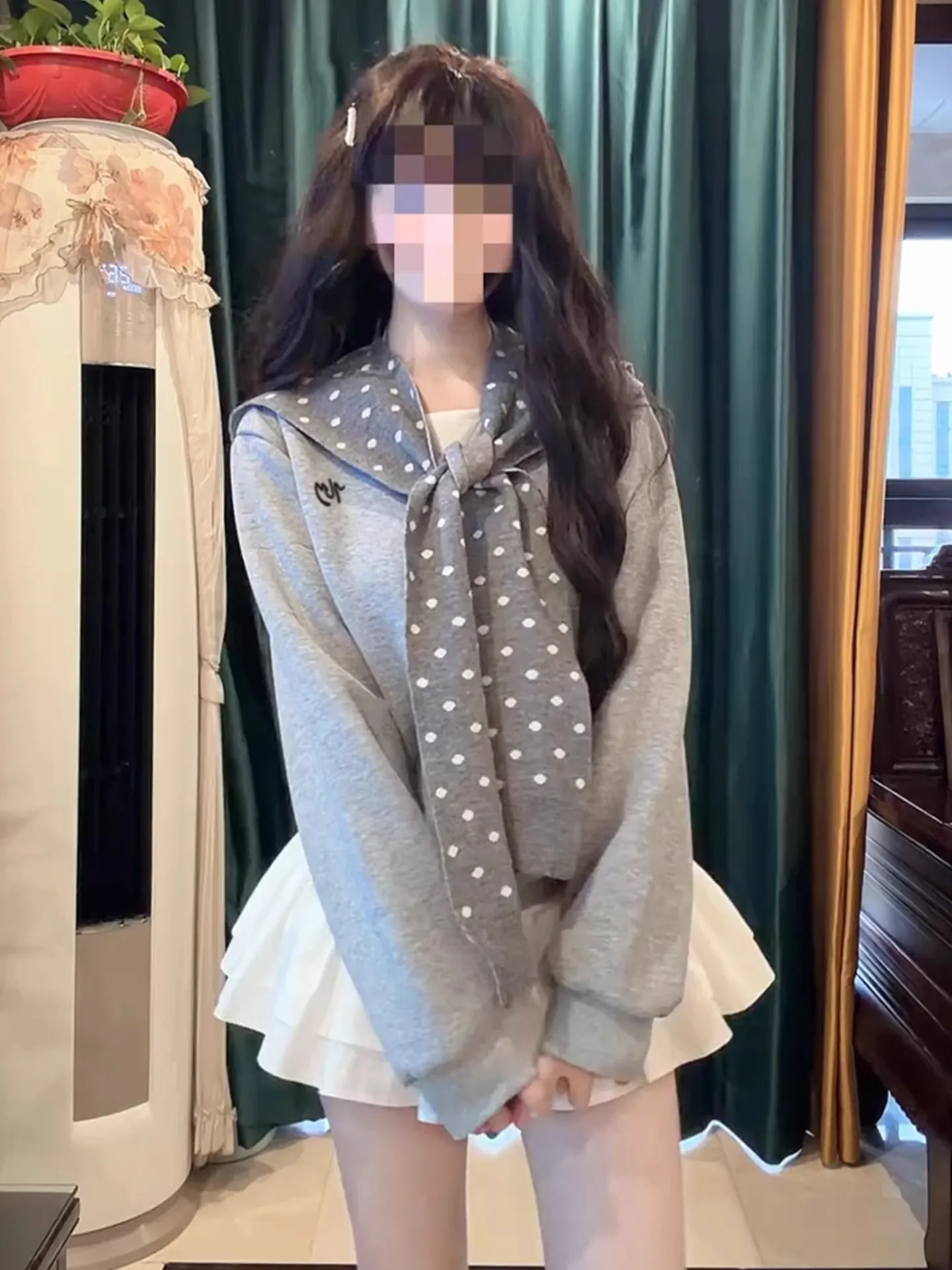

ay Polka Dot Faux Two-Piece Hoodie Women's Spring Autumn Winter Korean Sle Loose Fit Long Sve round Ne Sweatirt