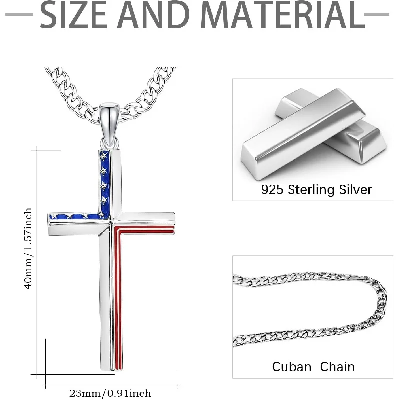 قلادة متقاطعة من الفضة الإسترليني عيار 925 - سلسلة 22 بوصة + 2 بوصة قابلة للتعديل مجوهرات دينية وطنية أمريكية #6