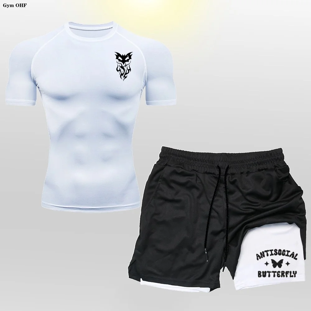 

2026 Мужской компрессионный спортивный комплект из 2 предметов, повседневная, дышащая спортивная одежда с короткими рукавами и принтом для спортзала, универсальная для езды на велосипеде