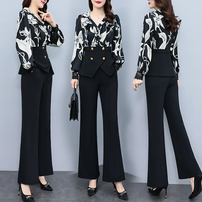 Women Patchwork Print Oversize Pants Sets 2024 New Spring Autumn Clothes Fashion V-Neck Chiffon Slim Female Pantsuits Outfits