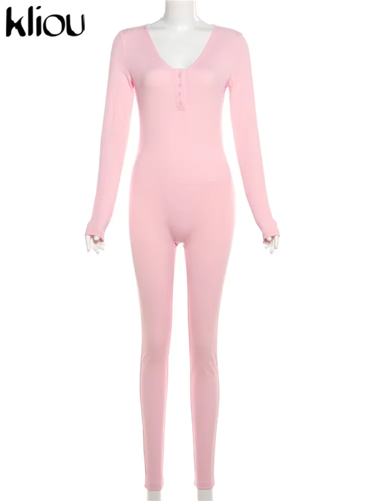 Kliou Jumpsuit Wanita Kurus Kasual Overall Melar Kancing Sebaris Lengan Penuh Baru Ringkas Musim Gugur Mujer Track Sporty One Piece