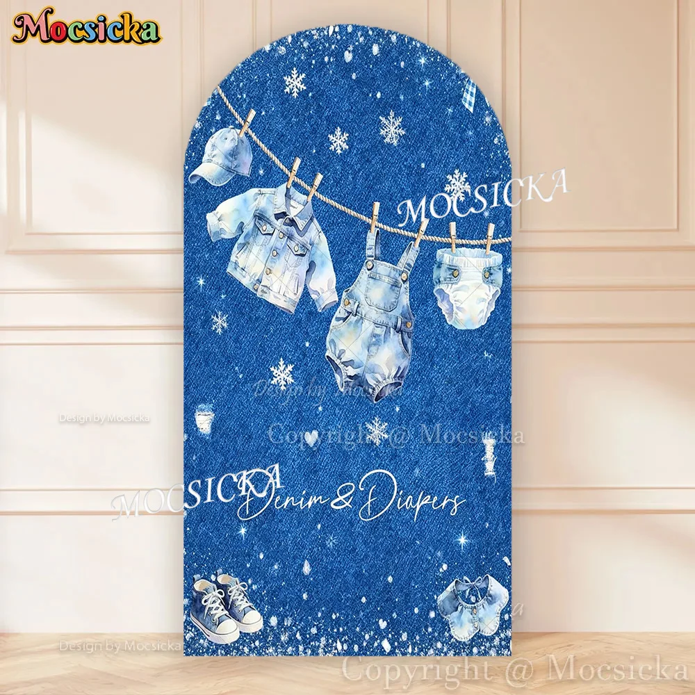 Mocsick Cowboy Baby Show Arched Cover Background Photography Blue Denim Outfit Snowflake Backdrop Newborn Baby Show Photo Studio