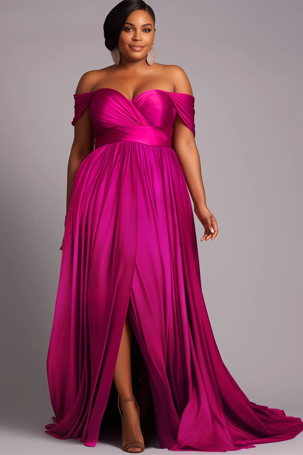 

Plus Size Formal Magenta Off The Shoulder Cap Sleeve Split Crinkle Chest Satin Maxi Dresses