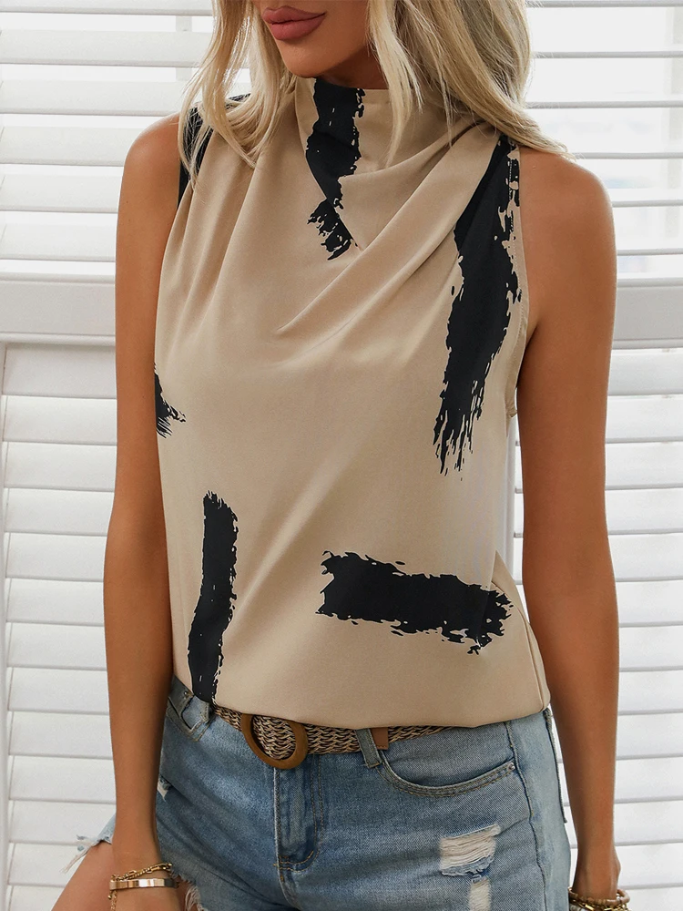 

2024 summer Europe and the United States hot new simple geometric sleeveless shirt pile pile collar temperament elegant shirt