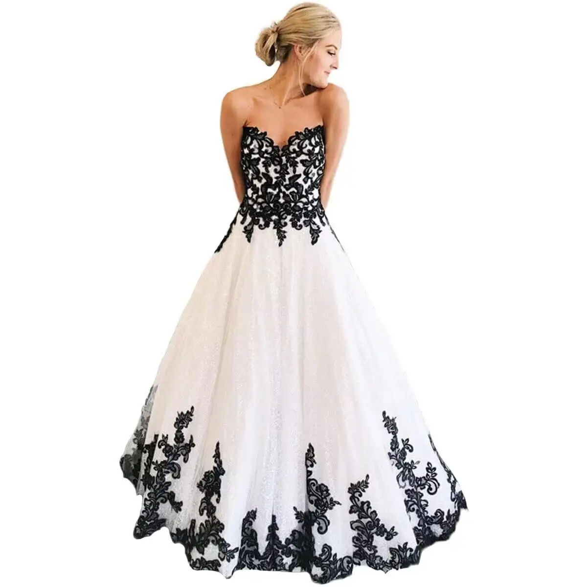 

KIVARY Gothic Black Lace Wedding Dresses for Bride Strapless Tulle Bridal Gown with Train Tulle Sweetheart Wedding Gowns