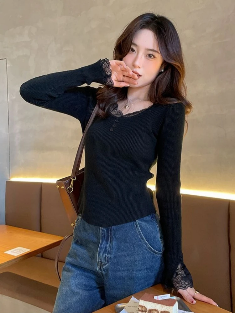 Design Slim Pullover Top Lace Knit T-shirt Women Layering Shirt Autumn O-neck Sweater Long-sleeved Sweaters Y2k Jumper Trendy 6