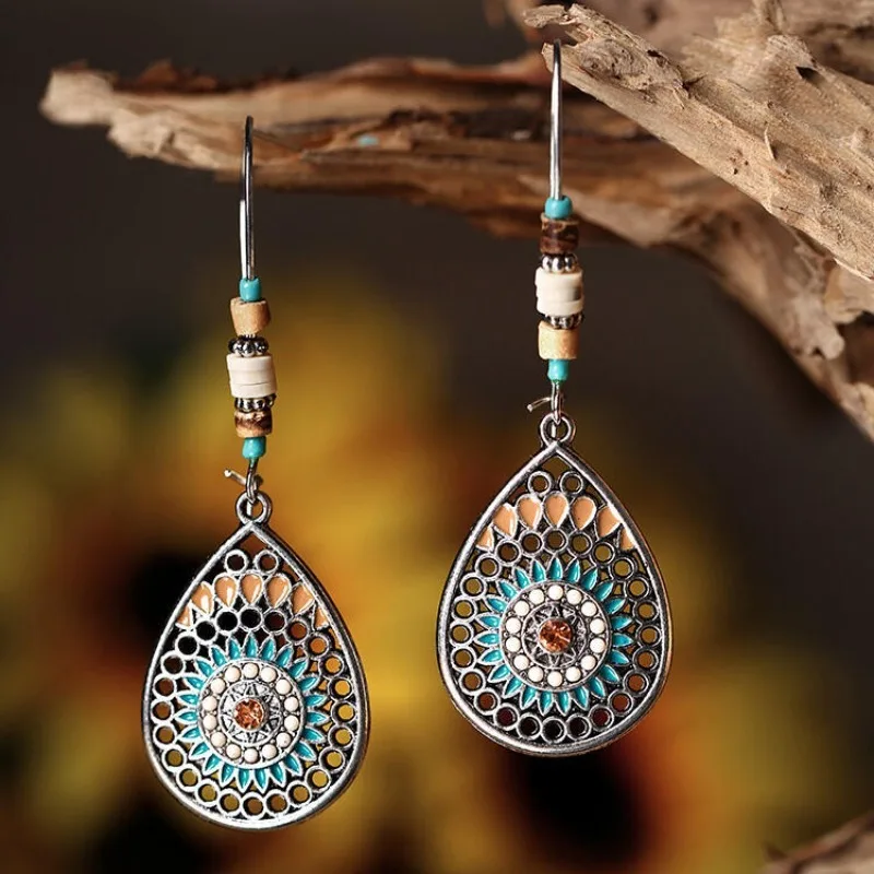 Vintage Hollow Water Drop Metal Earrings for Women Alloy Crystal Ethnic Beads Boho Colorful Flower Dangle Earrings Jewelry Gifts