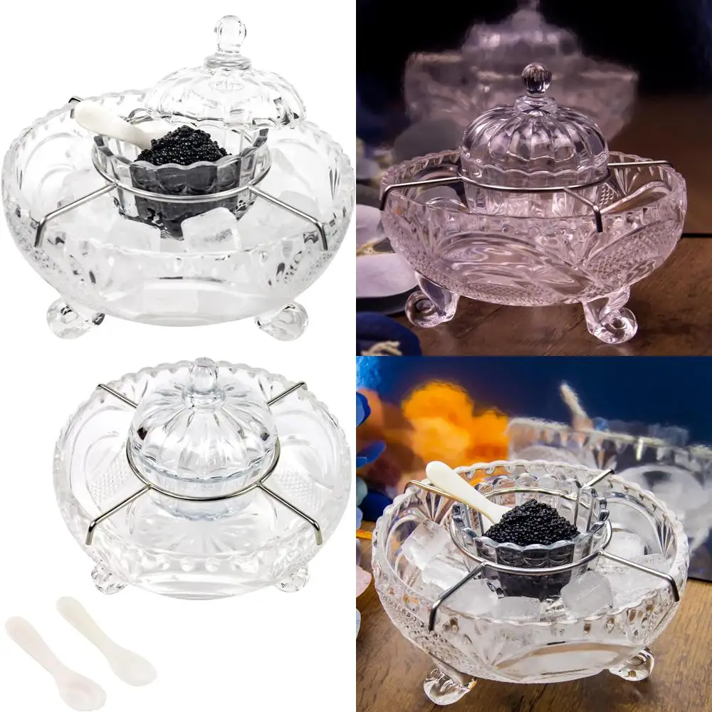 

Luxury Caviar Serving Bowl with Mother of Pearl Spoons - Elegant Glass Divided Set for Gourmet Experience