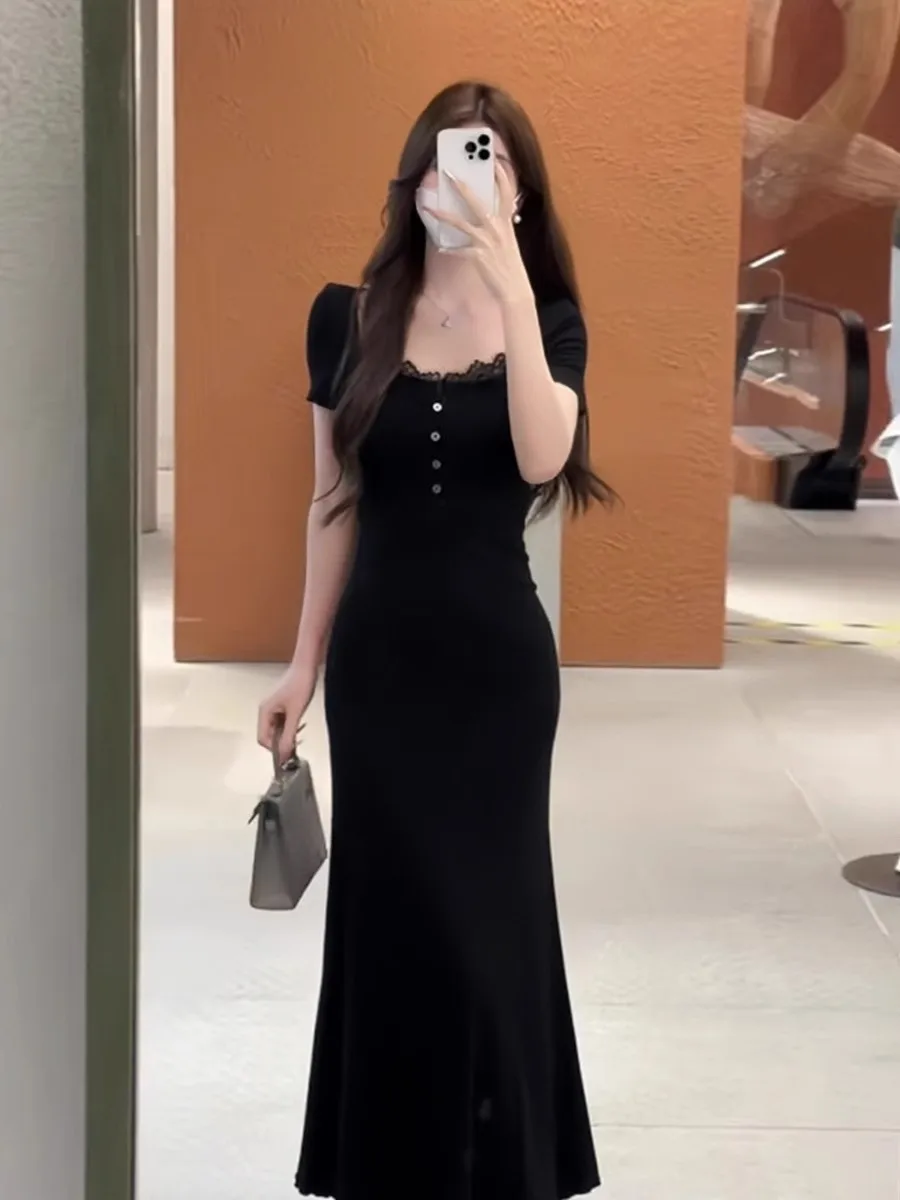 Renda retalhos pescoço quadrado vestido de manga curta elegante temperamento fino ajuste hip abraçando saia longa verão novas roupas femininas