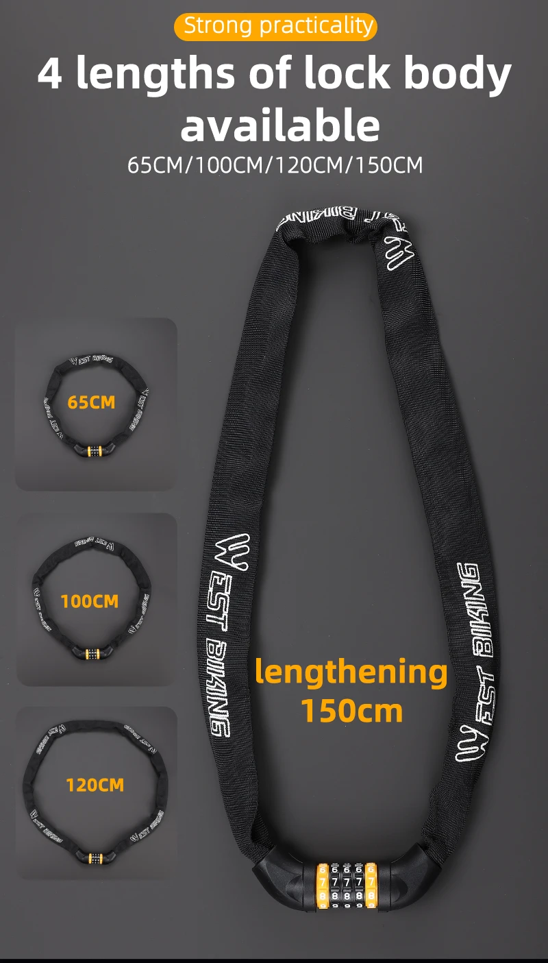 WEST BIKING Lokaler Versand Fahrradschloss 65-150CM Multilängen-Fahrradkettenschloss Motorrad E-Bike Fahrrad 5-stelliges Passwort Diebstahlsicherung Sicherheitsschloss – Detail 11