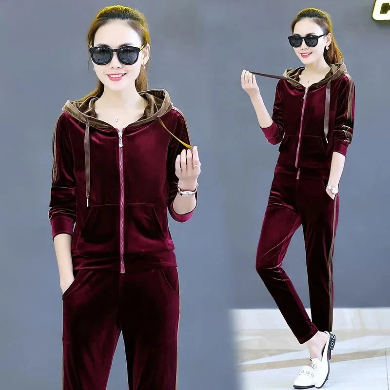 

Spring Fall Velour Suit Women's Tracksuit Casual Hoodie Coat + Pants Sets Plus Size 2 Piece Sets Traf 2023 Woman Sportswear Sets