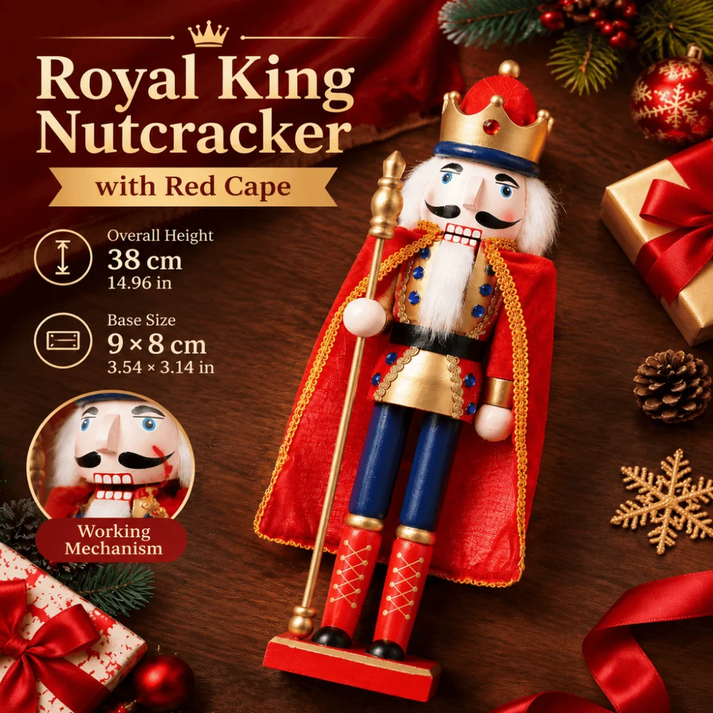 38CM Nutcracker Puppet Solider Merry Christmas Decoration Cloak King Wooden Doll Walnut Handcraft Figurine Home Office Decor
