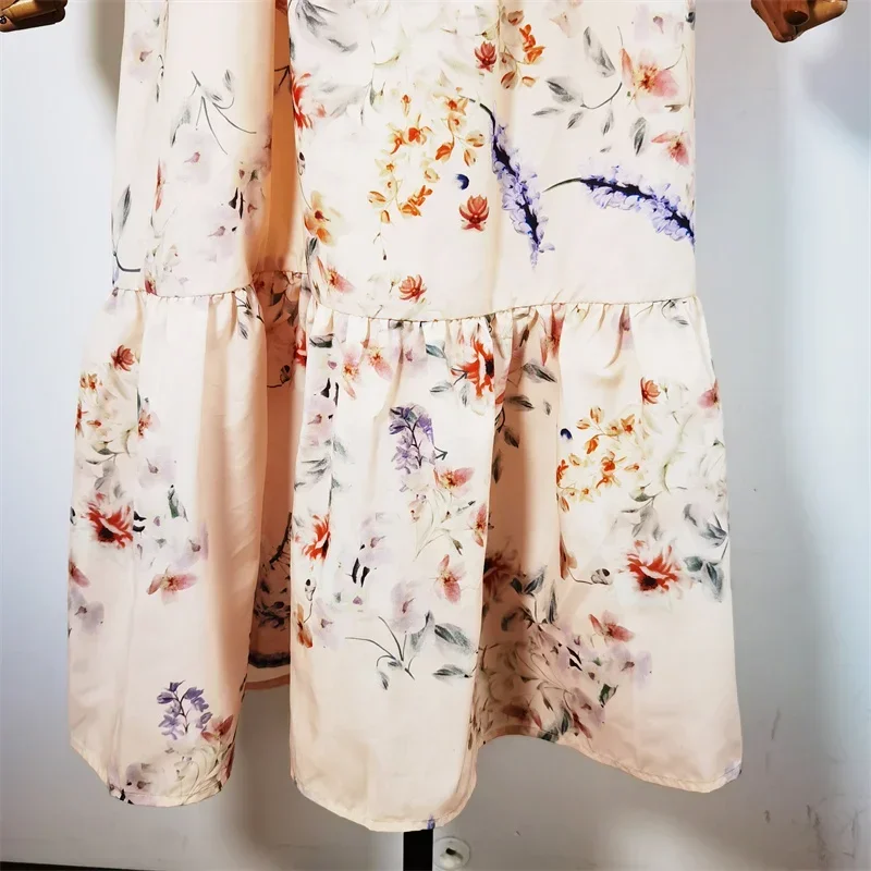 Spring Autumn 2024 New Fashion Women Stand Long Lantern Sleeve Flower Print Belt Button Folds Casual Mermaid Long Dress