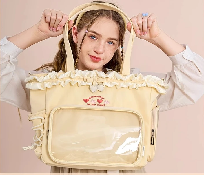 Japanese Second Dimensional Women's Tote Bag Ribbon Frilly Sweet Cute Lolita Bags Shoulder Crossbody Bag Small Food Lta Bags