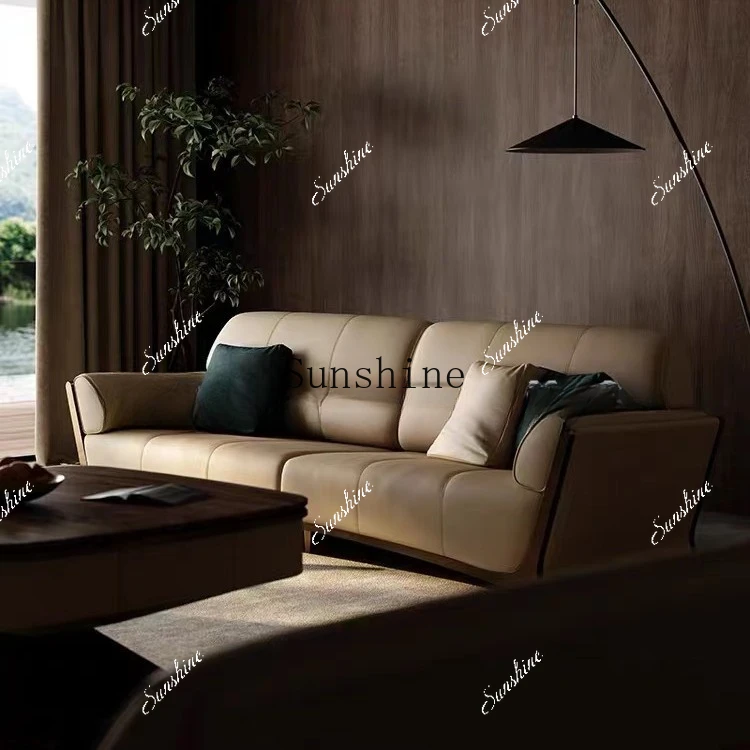 Italian light luxury multi-person, villa large flat-floor living room hotel leather straight-row sofa  FT