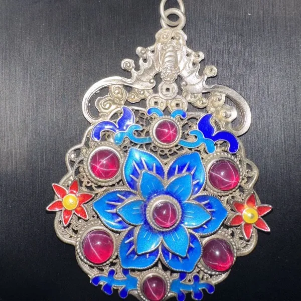 

Antique Collection Silk Baked Cloisonne with Red Starlight Gemstone Handmade with Starlight Gemstone Pendant