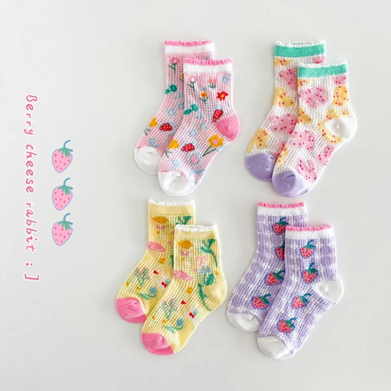 Baby Infant Socks Summer Mesh Socks Boys Girls Crew Socks 4 Pairs/lot Floral Pattern Thin Socks