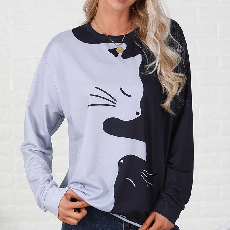 Women's 3D Kitten Pattern Printed Top Autumn and Winter Elegant Loose Fashionable Comfortable Long Sleeve Sweatshirt