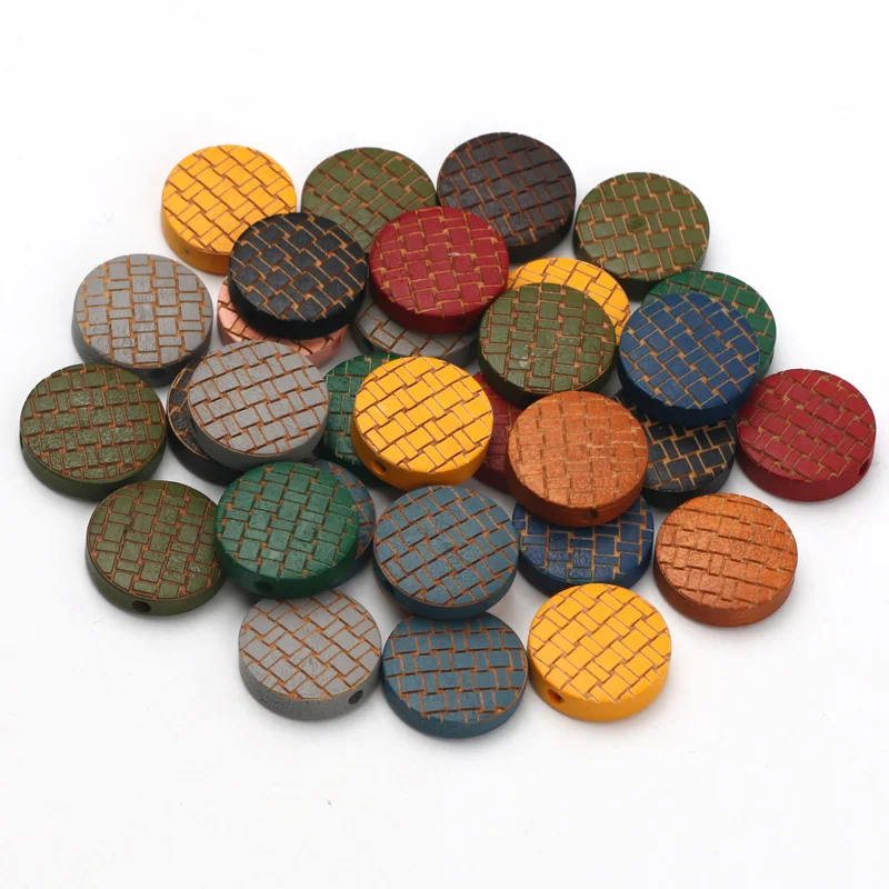 15mm 10/20pcs Multicolor Natural Wooden Beads Flat Round Carved Wood Beads For Jewelry Making DIY Jewelry Handmade Accessories