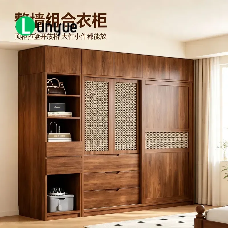Oak Solid Wood Sliding Door Wardrobe Rattan Invisible Handle Log Color Bedroom Home Storage Cabinet Modern Minimalist