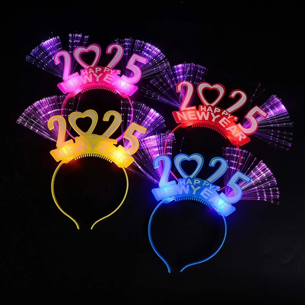 

Love Heart 2025 Happy New Year LED Glow Headband Glow Sticks Rave Nightclub Party Cheer Props Optic Fiber Light Up Hair Bands