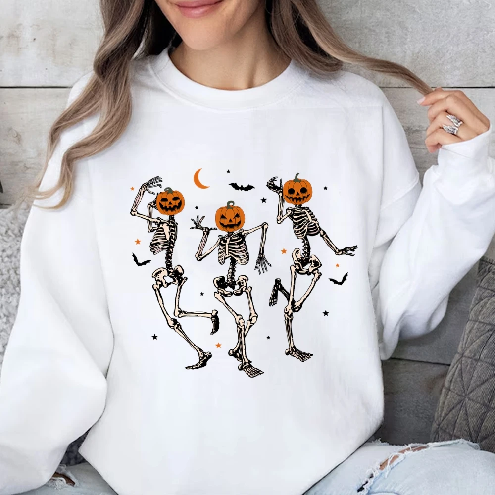 Dancing Skeleton Pumpkin Women\'s Retro Halloween Sweatshirt Cute Fall Spooky Season Pumpkin Face Halloween Long Sleeve Top