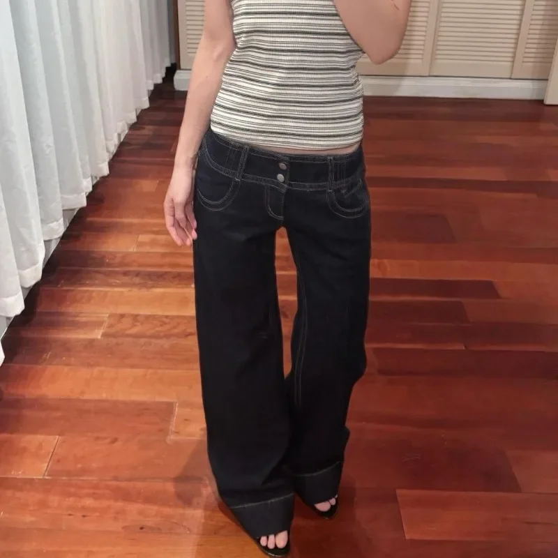여성 여름 가을 루즈핏 청바지 스트릿웨어 시크 Y2K 롱 핫걸 와이드 레그 팬츠 아메리칸 레트로 로우 웨이스트 와이드 레그 청바지