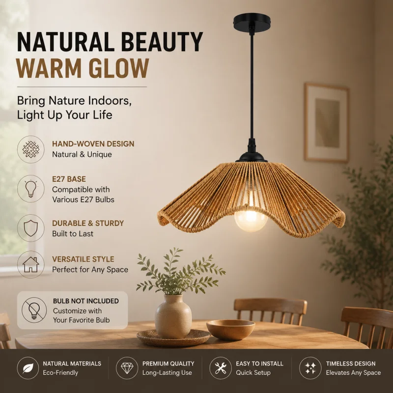 Bohemian Woven Pendant Light, Countryside Dining Room Bedroom Living Room,  Handmade Chandelier Decorative Lighting Fixtures,E27