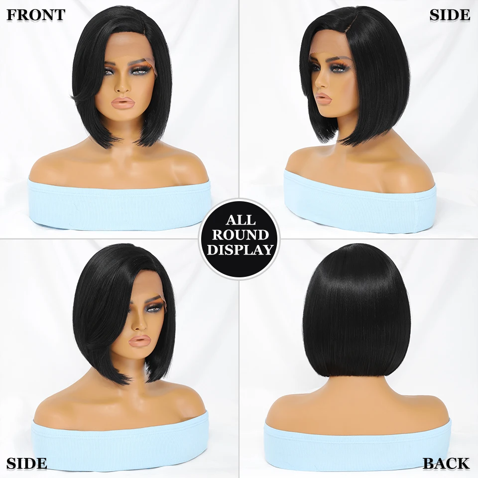 Synthetische Lace Front Korte Bob Rechte Pruik Natuurlijke Ombre Zwart Bruin Halloween Dagelijks Natuurlijk Haar Hittebestendige Pruiken Voor Vrouwen