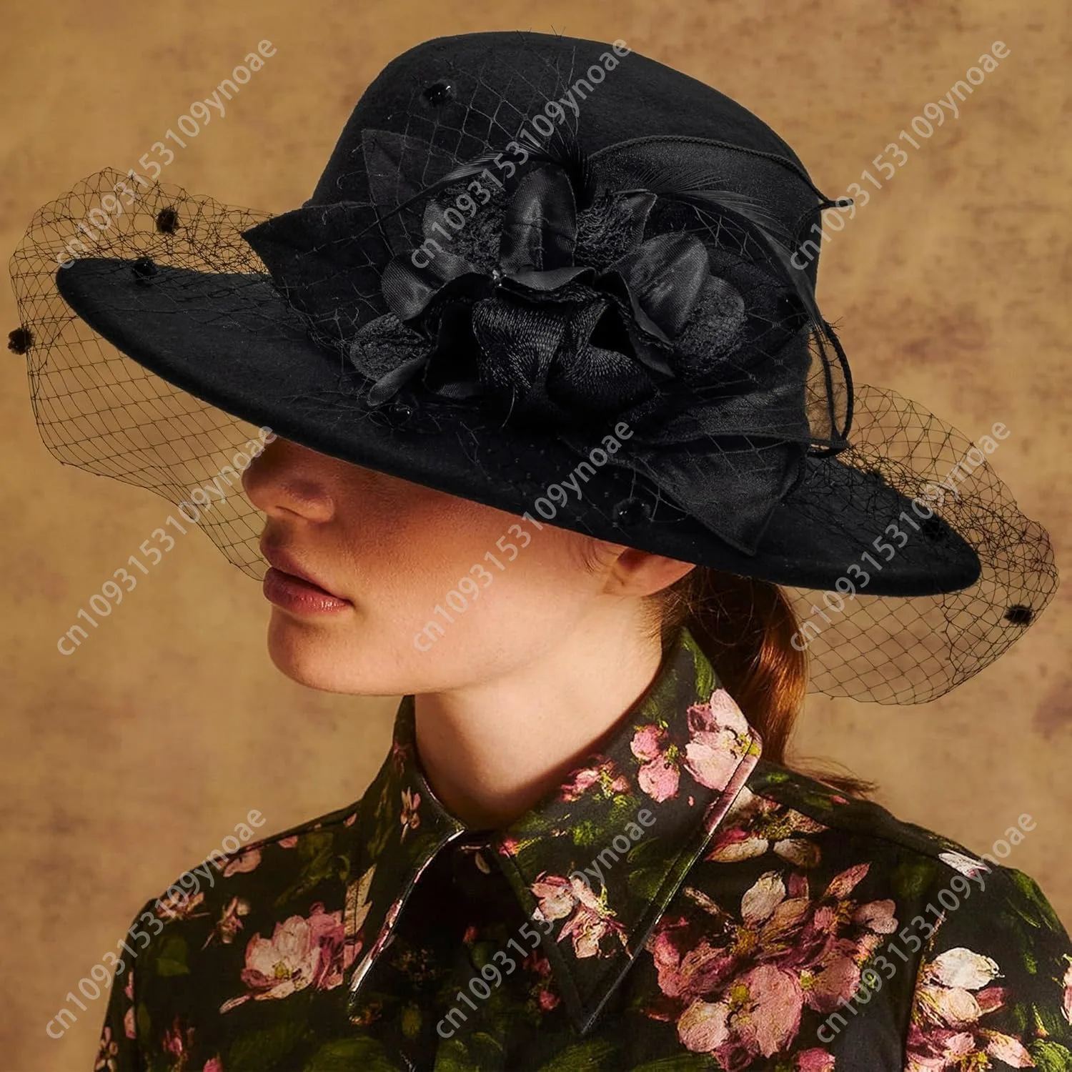 Blumendekor Bowler Fedora Hut Schleier Floppy Brim Filz Kirche Party Cap Vintage Damen 1920er Jahre Elegante Fascinator Hüte Retro Mode