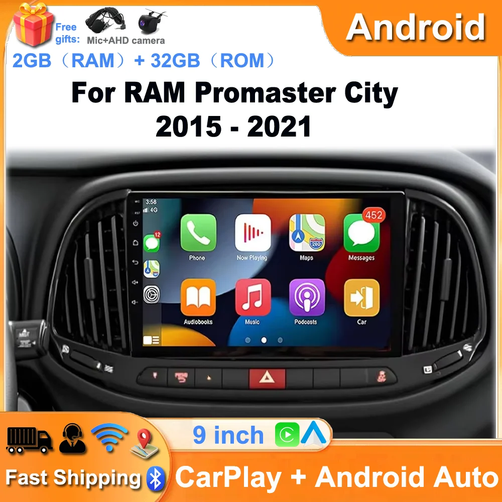 Car Navigation Player Android 13 Car Radio AHD Fit For Carplay/Android Auto For RAM Promaster City 2015 - 2021 Screen 2+32G