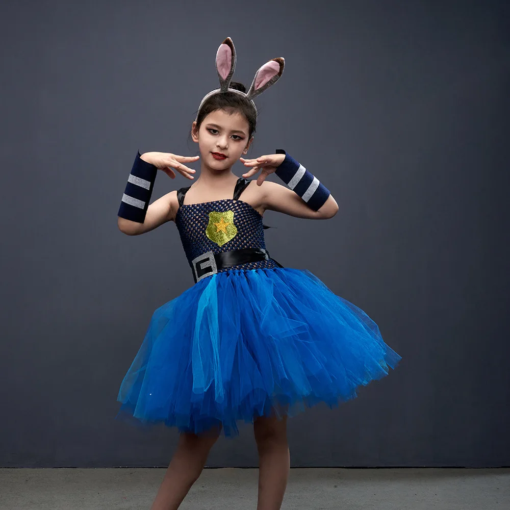 Kids Blue Police Rabbit Tutu Dress Girls Policewomen Cosplay Costume with Bunny Ear Headband Arm Cuffs for Stage Performance