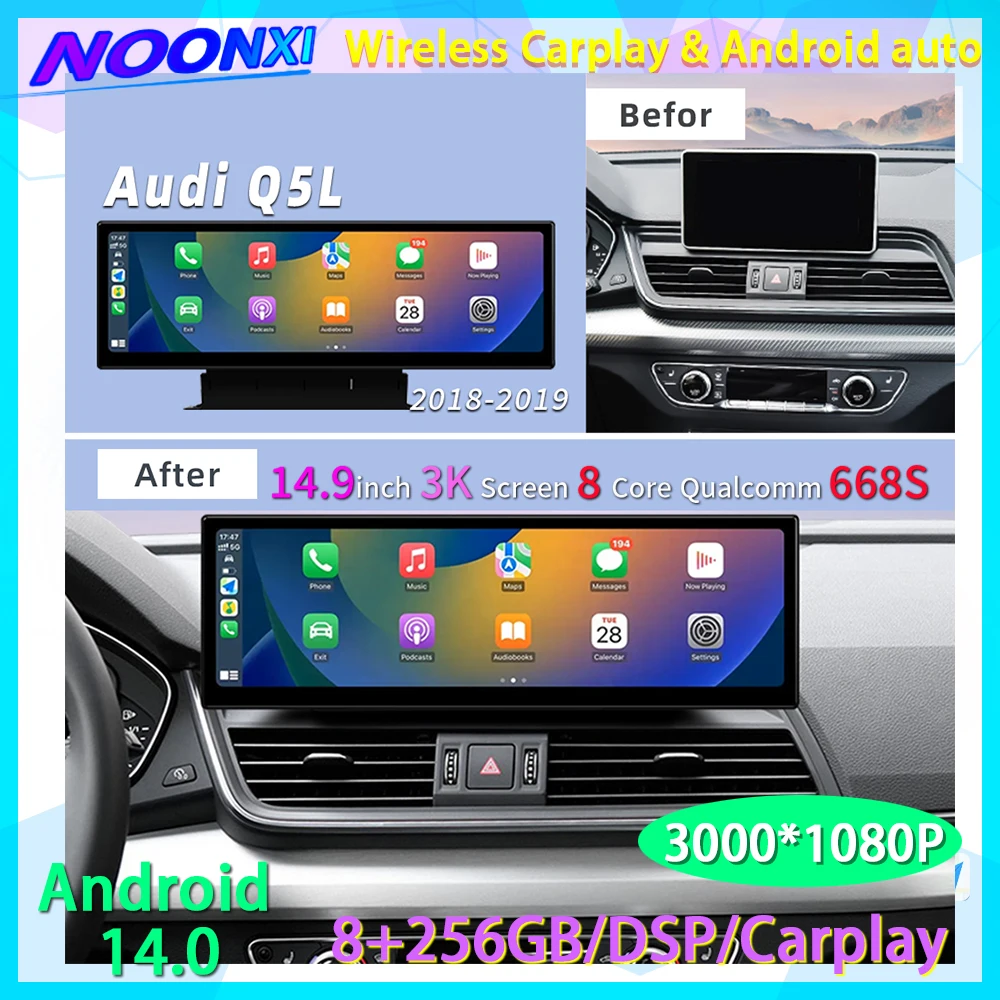 Android 14 For Audi Q5 Q5L 2018-2021 Android Auto Car Multimedia Player GPS Navigation 14.9'' Radio CarPlay Video Stereo 4G LTE