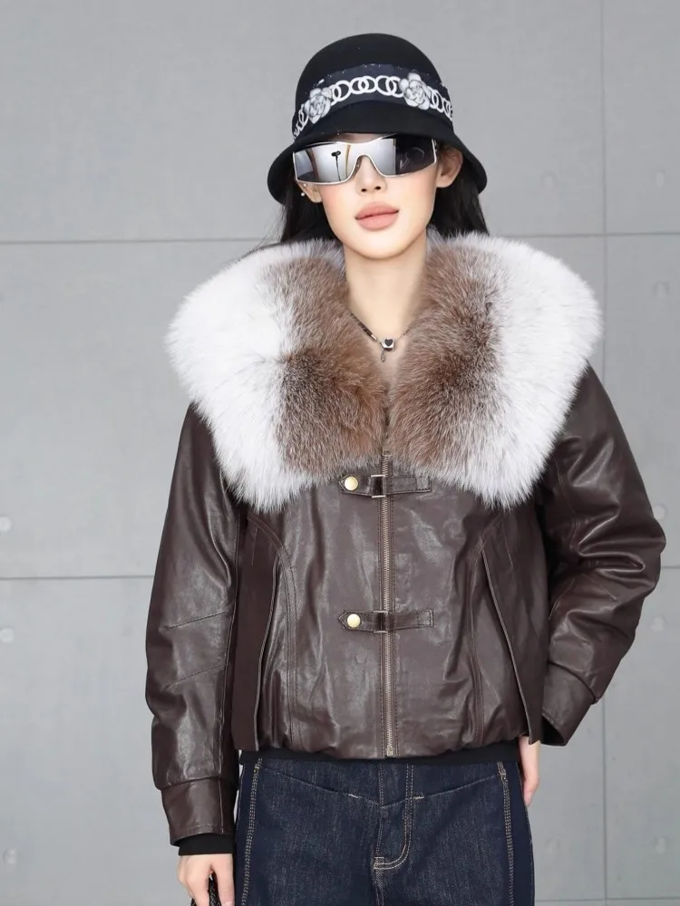 Winter Warm Women Real Leather Short Motorcycle Down Jacket Fox Fur Collar Cowhide Down Coat High-quality Lady Sheepskin Jackets