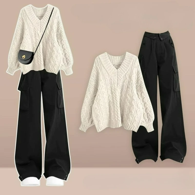 of Laid-back Trendy Dopamine-themed Sweaters Paired with Stylish Petite Casual Pants for Autumn Simple Stylish A Two-piece Set