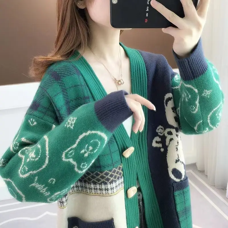 Women\'s Cardigan Button Printing Pocket Medium Length Sweater Autumn and Winter Fashion Loose V-neck Long Sleeved Knitted Coat