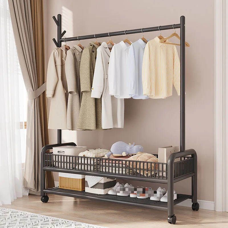 

New Floor Double Pole Double-layer Clothes Hanger Metal Clothes Hanger Dormitory Bedroom Clothes Hanger with Shoe Rack