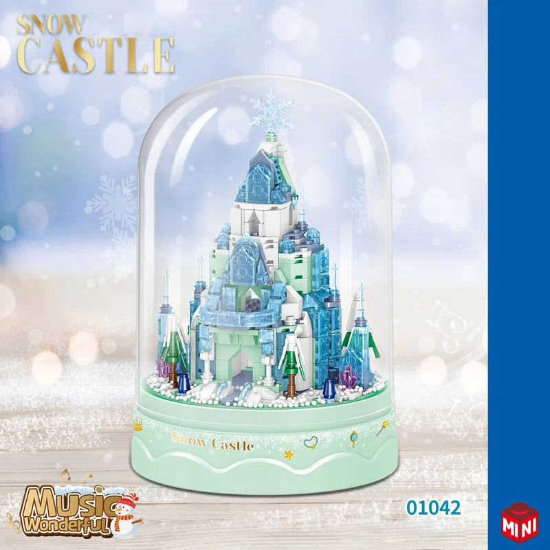 Idea-Mini bloque de cuento de hadas, Castillo de hielo y nieve, modelo de construcción, modelo de ladrillo, caja de música, juguetes de construcción, Colección para niñas, regalos