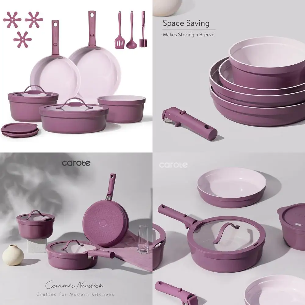 

Purple Non-Stick 21-Piece Ceramic Cookware Set with Removable Handles, Induction Compatible, RV-Friendly, PFAS/PFOA Free Kitchen