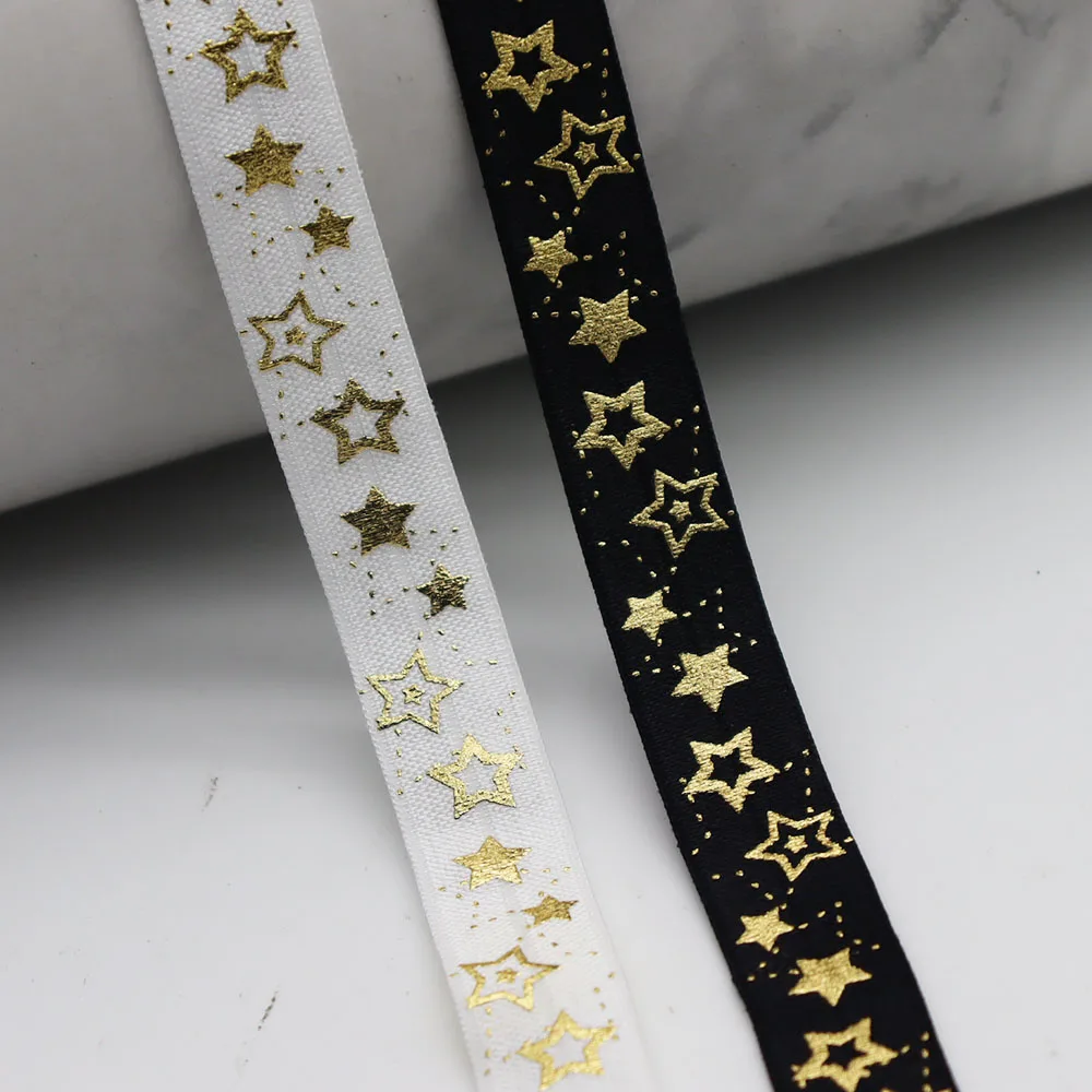 

5/8'' 15mm Gold Foil Star Printed Shiny FOE Band Fold Over Elastic Ribbon For Knot Hair Ties DIY Sewing Accessories